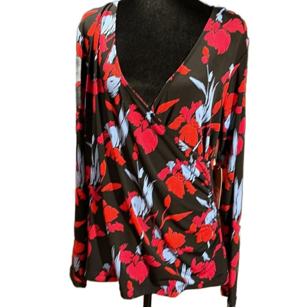 NWT Halogen Floral Faux Wrap Long Sleeve Stretch Blouse